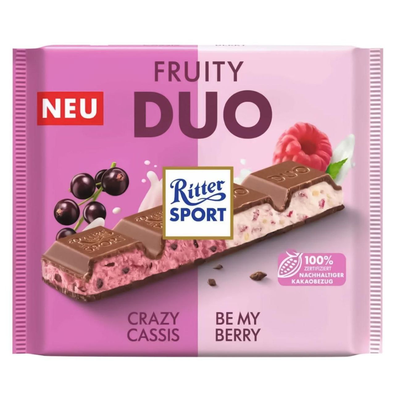 Шоколад Ritter Sport Fruity Duo зі шматочками смородини, малини та рисовими пластівцями 218г